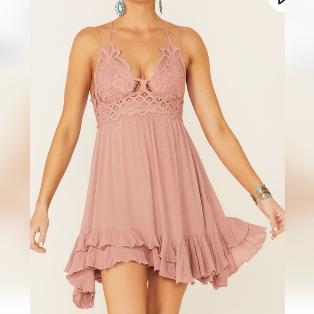 XS Free People Pink Rose Adella Slip Dress Lace Swing